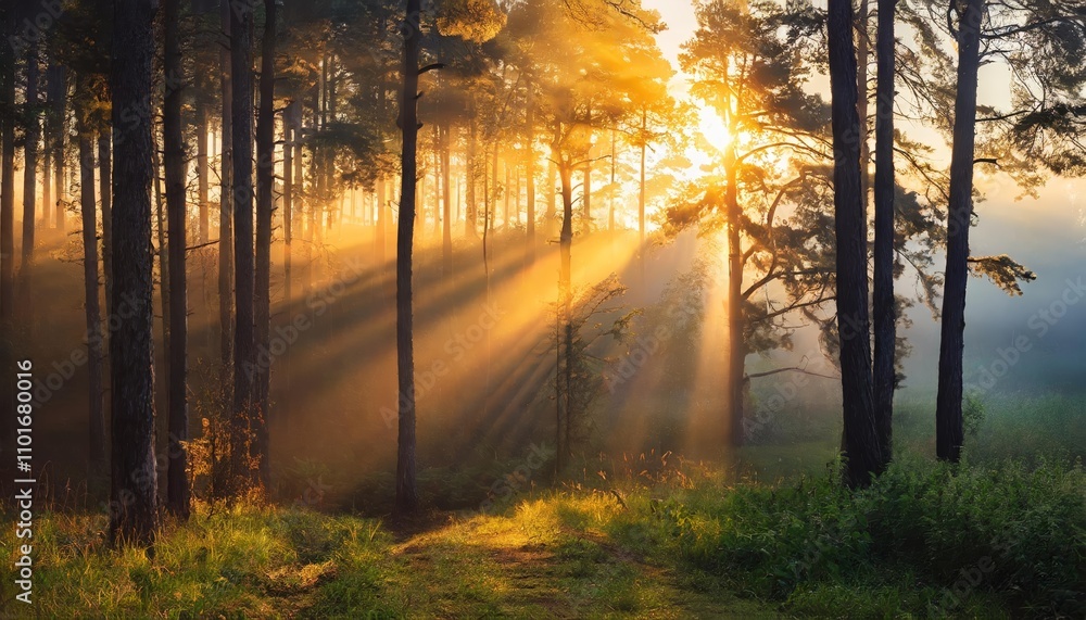 A breathtaking sunrise in a tranquil forest, showcasing the natural beauty of golden sunlight streaming through dense trees, casting ethereal rays over a serene woodland landscape. A breathtaking sunrise in a tranquil forest, showcasing the natural beauty of golden sunlight streaming through dense trees, casting ethereal rays over a serene woodland landscape.