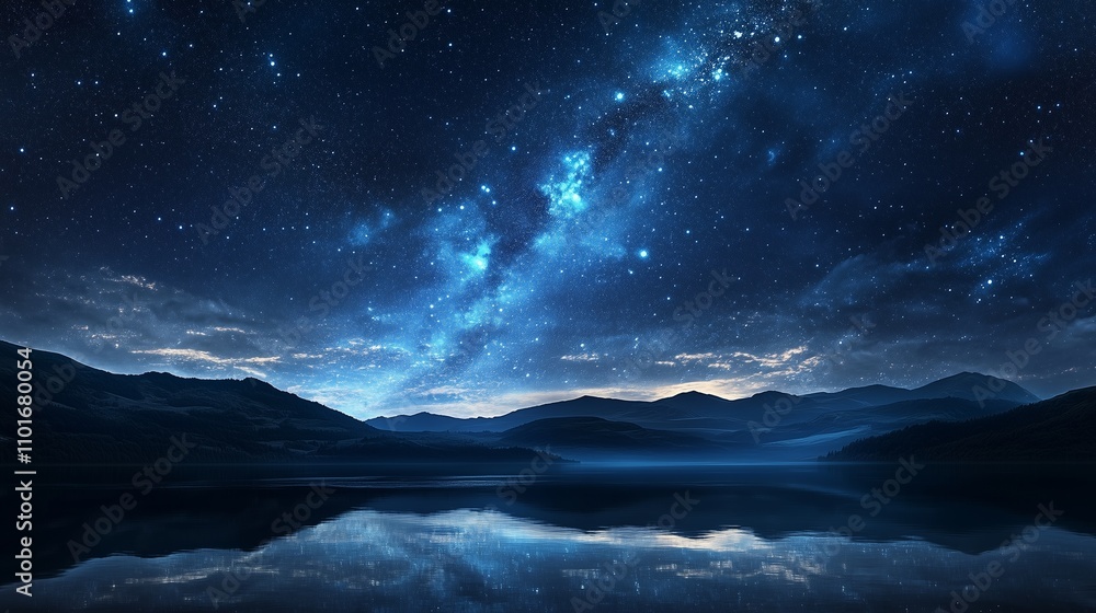 Naklejka premium A stunning starry night sky reflects in a tranquil lake, enhanced by rolling hills and wispy clouds.