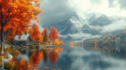 Wallpaper Mural Enchanting Autumn Landscape with Mountain Lake and Cabin Reflection Torontodigital.ca