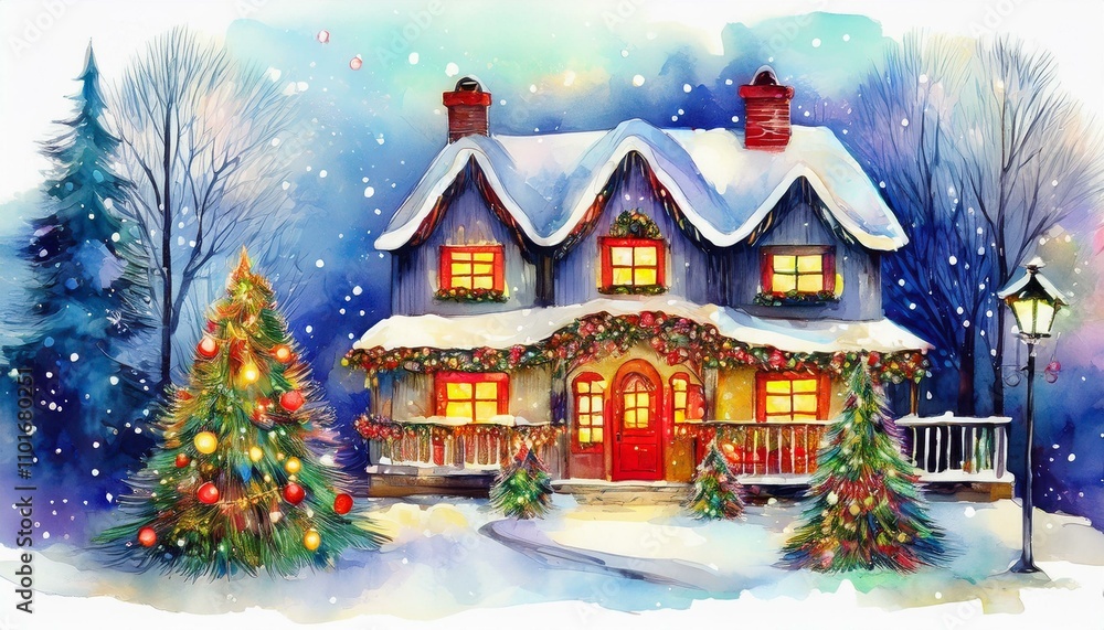 Fototapeta premium House with lots of lights at Christmas, painted watercolor drawing art design