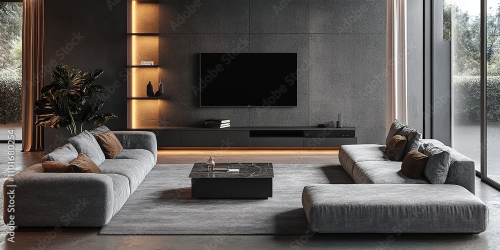 Fototapeta premium Gray sofa and tv unit in loft interior design of modern living room, interior design decoration and ideas