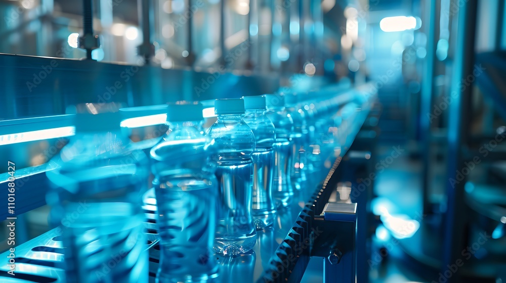 A production line with water bottles moving through a manufacturing facility. A production line with water bottles moving through a manufacturing facility.