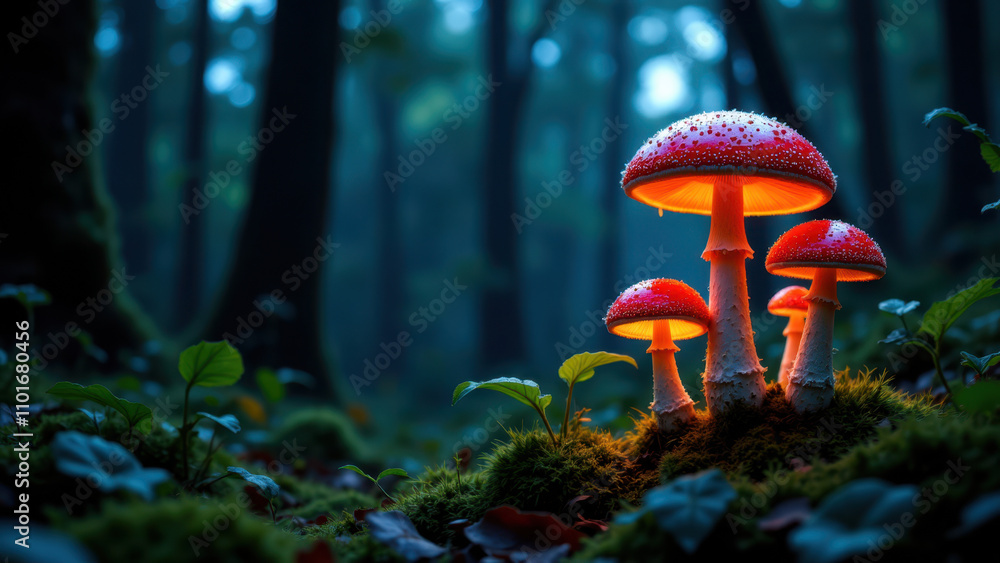 Fototapeta premium A vividly glowing mushroom in a forest setting at night with dark woods.