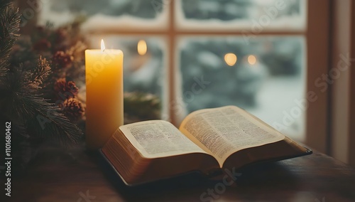 Wallpaper Mural  Open Bible and Candle on a Table in a Warm Home Setting, Perfect for Christmas Reflections and Contemplative Messages Torontodigital.ca