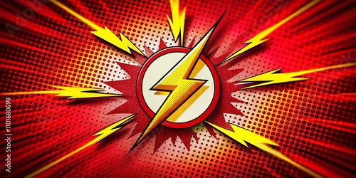 Dynamic Superhero Halftoned Background Featuring Lightning Red Comic Design with Yellow Flash Elements for Creative Projects and Graphic Designs photo