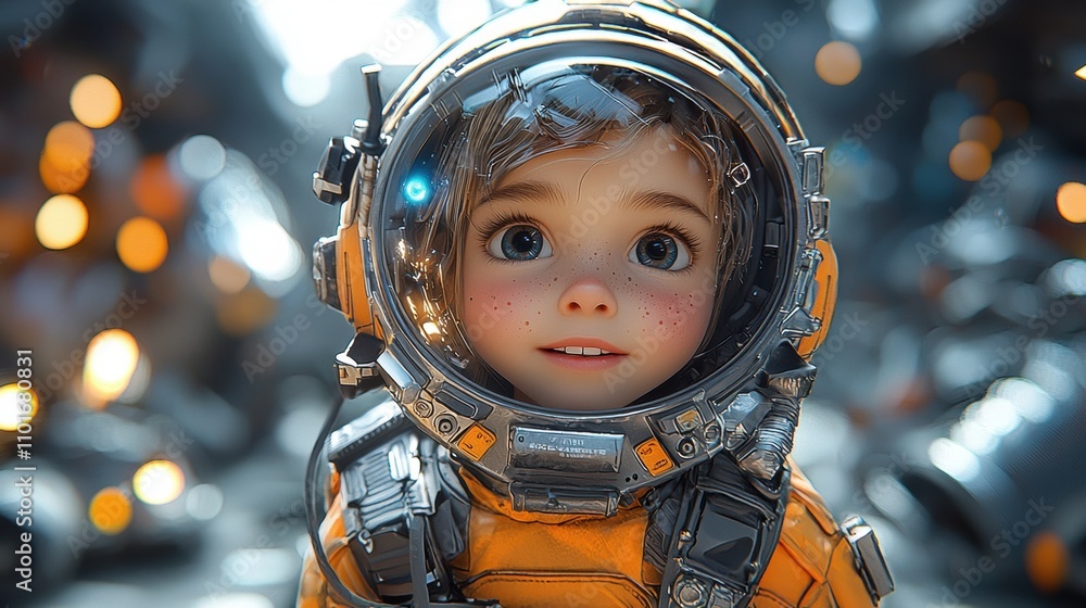 Young Astronaut: A captivating close-up portrait of a young girl, her eyes wide with wonder and excitement as she gazes into the future, ready for her next space adventure. Young Astronaut: A captivating close-up portrait of a young girl, her eyes wide with wonder and excitement as she gazes into the future, ready for her next space adventure.