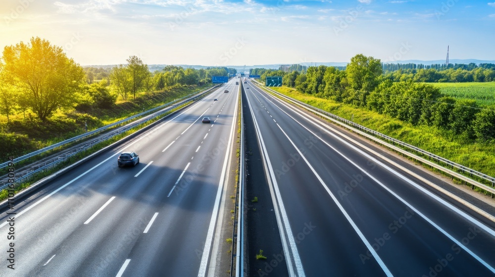 Naklejka premium Empty express lane on highway during off-peak hours, symbolizing efficiency and opportunity in a calm, uncluttered environment.
