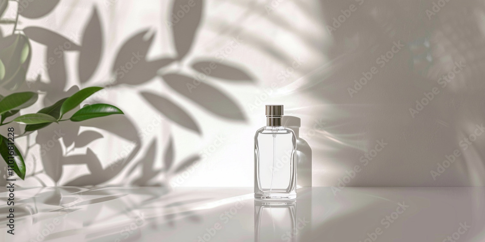 Clear perfume bottle with shadow of leaves on a white background. Clear perfume bottle with shadow of leaves on a white background.