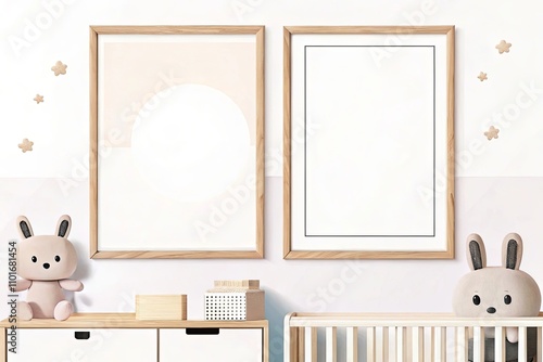 Modern nursery wall with three geometric turquoise posters above a wooden crib decorated with plush toys