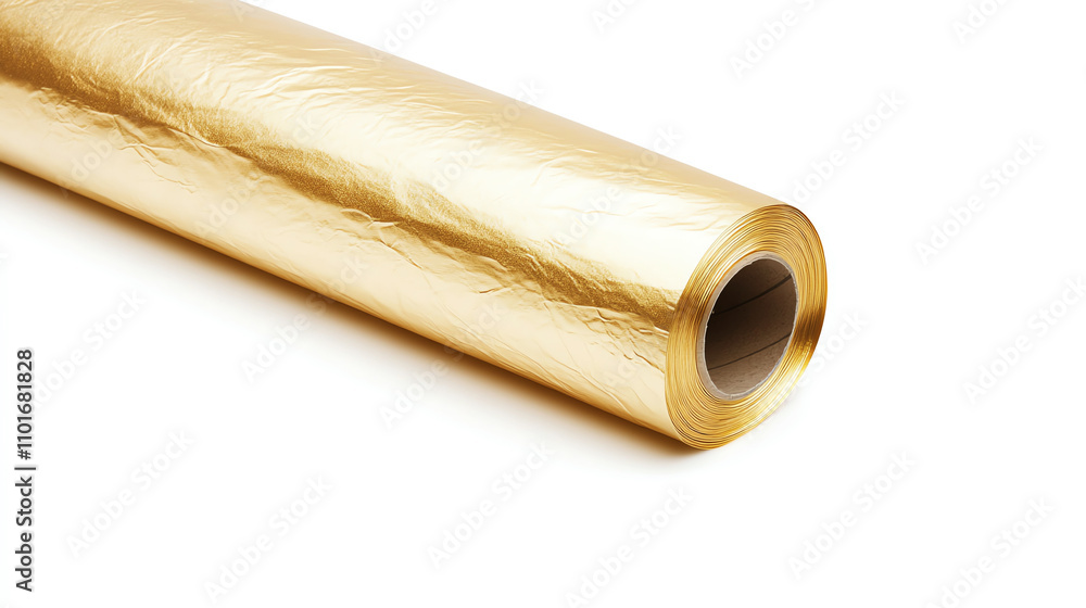 Roll of shiny gold foil used for crafting and decorating projects on white background. Roll of shiny gold foil used for crafting and decorating projects on white background.