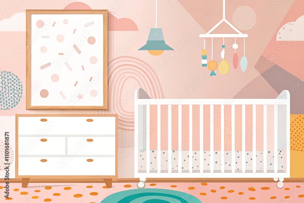 Pastel nursery with a dark crib, colorful hanging toys, a framed poster, and pink dressers creating a soft and playful atmosphere Pastel nursery with a dark crib, colorful hanging toys, a framed poster, and pink dressers creating a soft and playful atmosphere