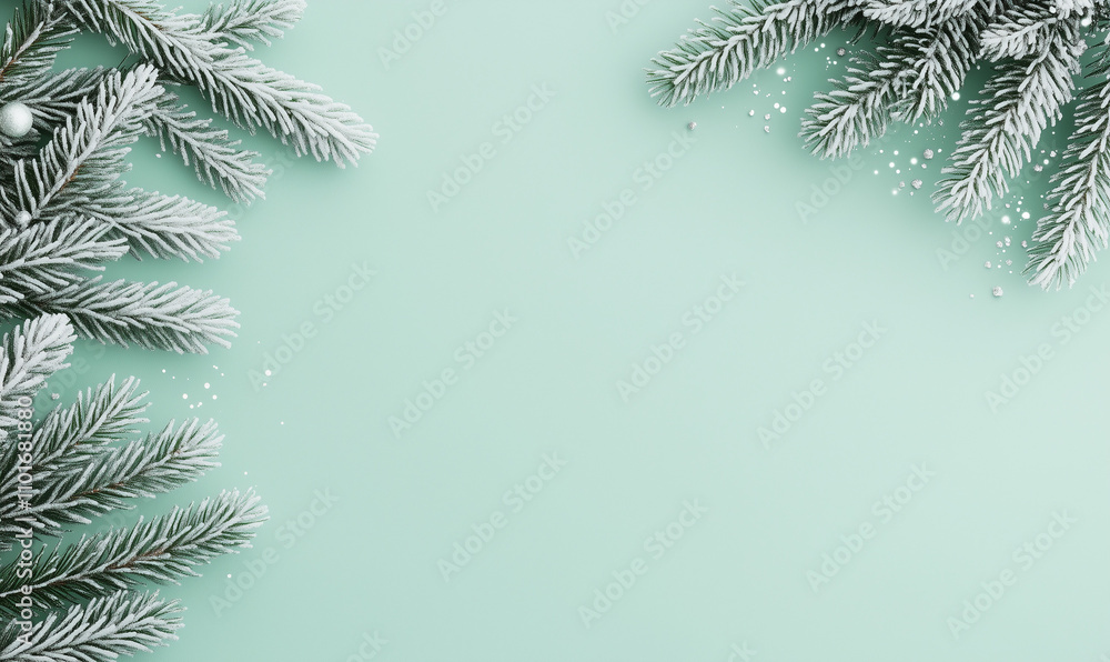 snowy green spruce branch with delicate snowflakes falling against a blue background. Ideal as a winter banner or template for Christmas greetings, holiday promotions, and seasonal designs. snowy green spruce branch with delicate snowflakes falling against a blue background. Ideal as a winter banner or template for Christmas greetings, holiday promotions, and seasonal designs.