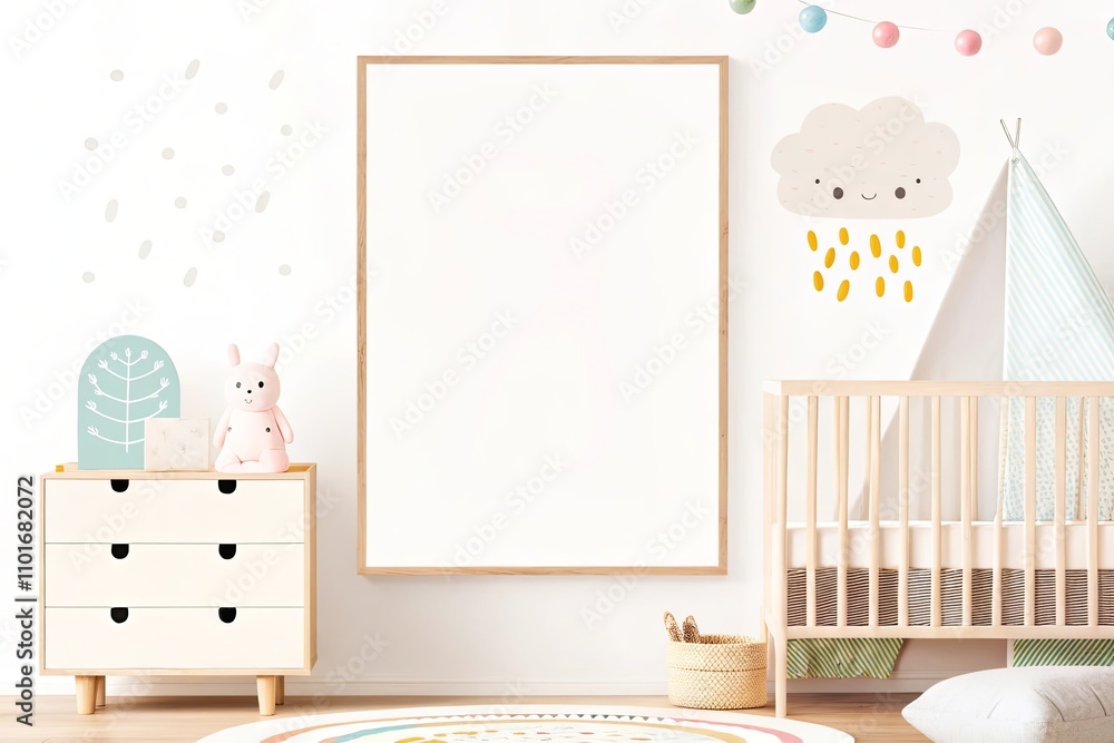 Bright nursery with a white crib, colorful hanging toys, a cheerful framed poster, and playful decorations creating a vibrant and fun atmosphere Bright nursery with a white crib, colorful hanging toys, a cheerful framed poster, and playful decorations creating a vibrant and fun atmosphere