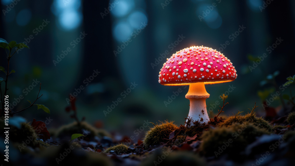 Fototapeta premium A vibrant red mushroom with white spots glowing brightly on a forest floor.