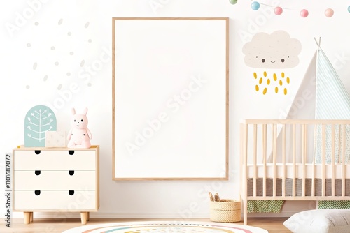 Bright nursery with a white crib, colorful hanging toys, a cheerful framed poster, and playful decorations creating a vibrant and fun atmosphere