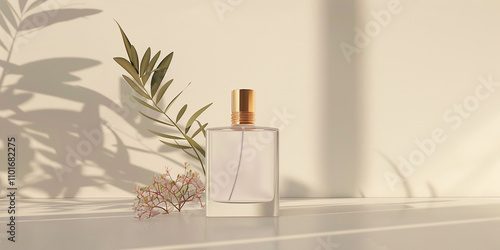 Wallpaper Mural Perfume bottle with a plant sprig on a sunlit surface casting soft shadows. Torontodigital.ca