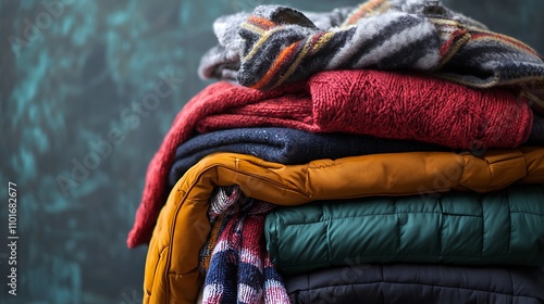 Stack of Warm Winter Clothing: Sweaters, Jackets, and Throws