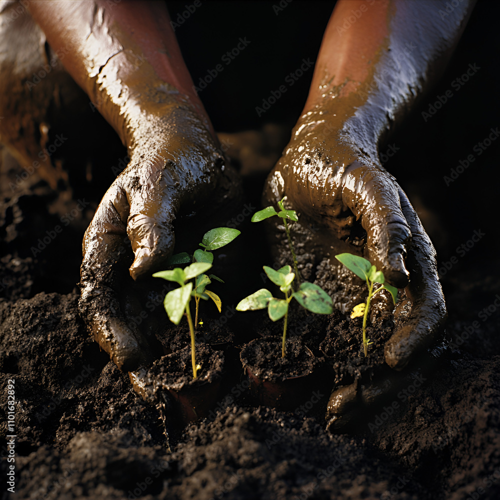 Nurturing growth environmental action with hands in soil nature photography close-up sustainability focus Nurturing growth environmental action with hands in soil nature photography close-up sustainability focus