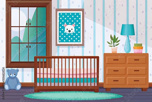 Minimalist and modern illustration of a nursery setup. It features essential elements like a wooden crib, a changing table with drawers, shelves adorned with decorative items, and a framed poster
