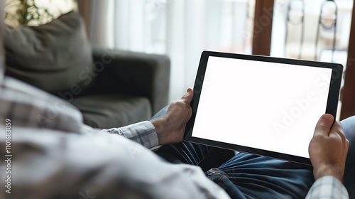 A person sitting comfortably while holding a tablet with a blank screen, suggesting leisure or work activity.