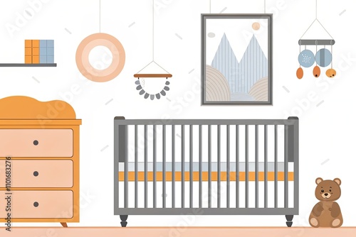 Flat illustration of a bright and spacious nursery with a poster mockup, modern crib and playful baby accessories, clear shapes and soft gradients