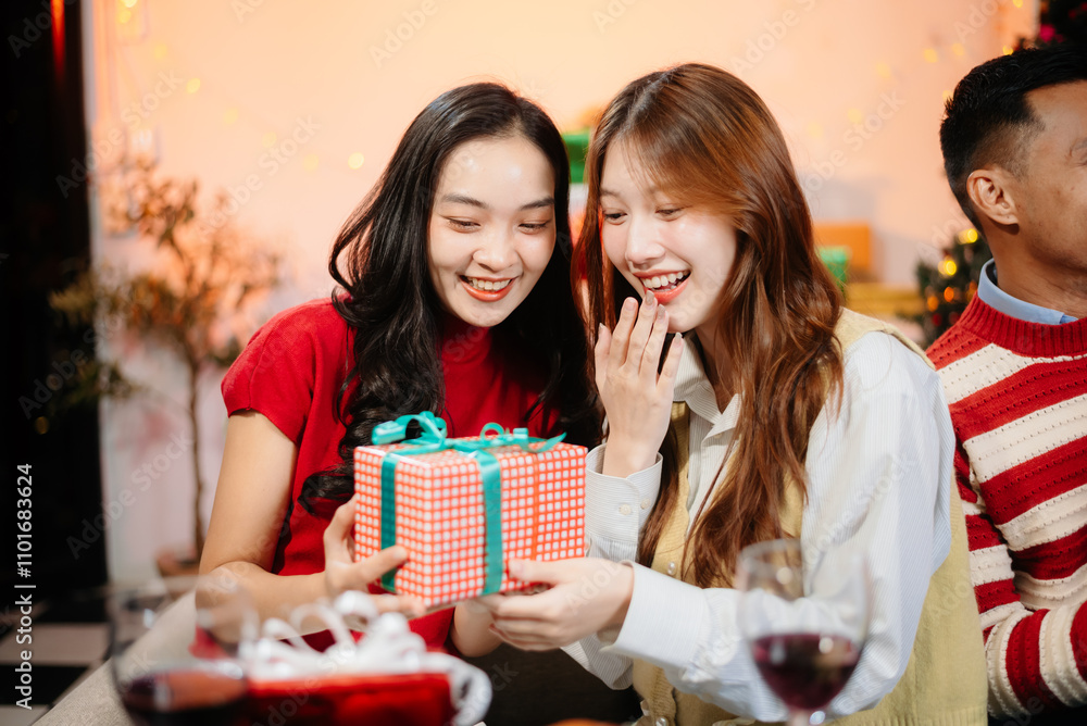 Enjoy the holiday spirit with a joyful Christmas celebration featuring friends, festive food, Santa hats, Enjoy the holiday spirit with a joyful Christmas celebration featuring friends, festive food, Santa hats,