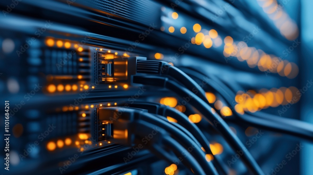 Close-up of network cables plugged into a server rack with glowing lights in a data center or server room environment. Close-up of network cables plugged into a server rack with glowing lights in a data center or server room environment.