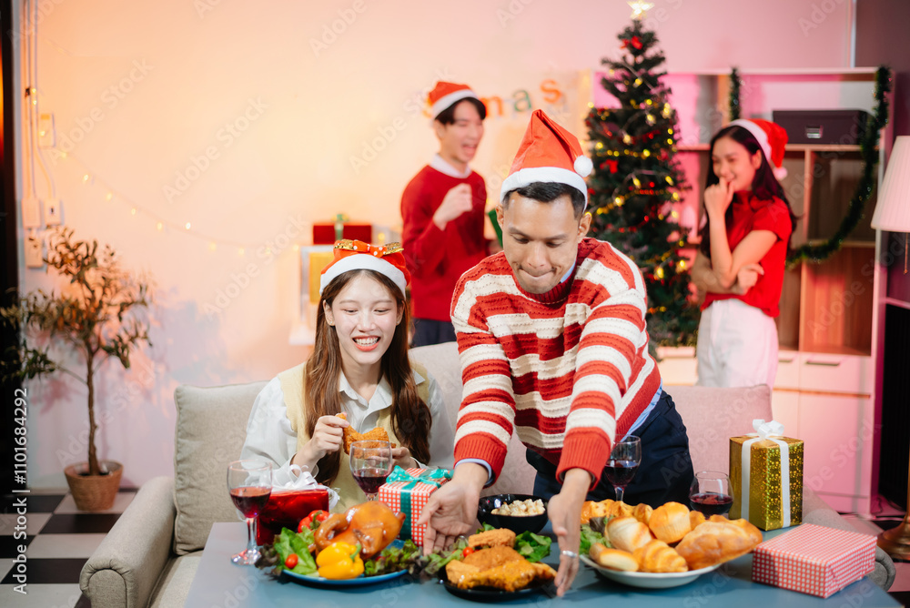 Enjoy the holiday spirit with a joyful Christmas celebration featuring friends, festive food, Santa hats, Enjoy the holiday spirit with a joyful Christmas celebration featuring friends, festive food, Santa hats,