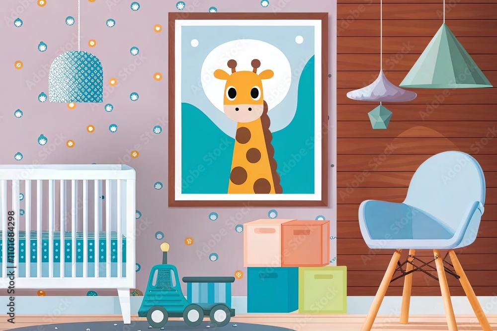 Fototapeta premium Playful flat design of a nursery room, framed mockup poster on the wall, baby toys and modern furniture