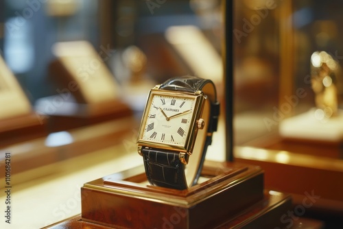 Elegant Gold Watch Displayed On Wooden Stand
