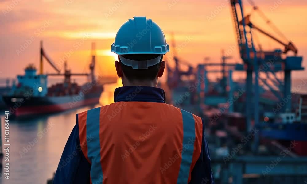 Male worker in safety hard hat and orange reflective vest standing against busy city port backgrounsd at sunset Male worker in safety hard hat and orange reflective vest standing against busy city port backgrounsd at sunset