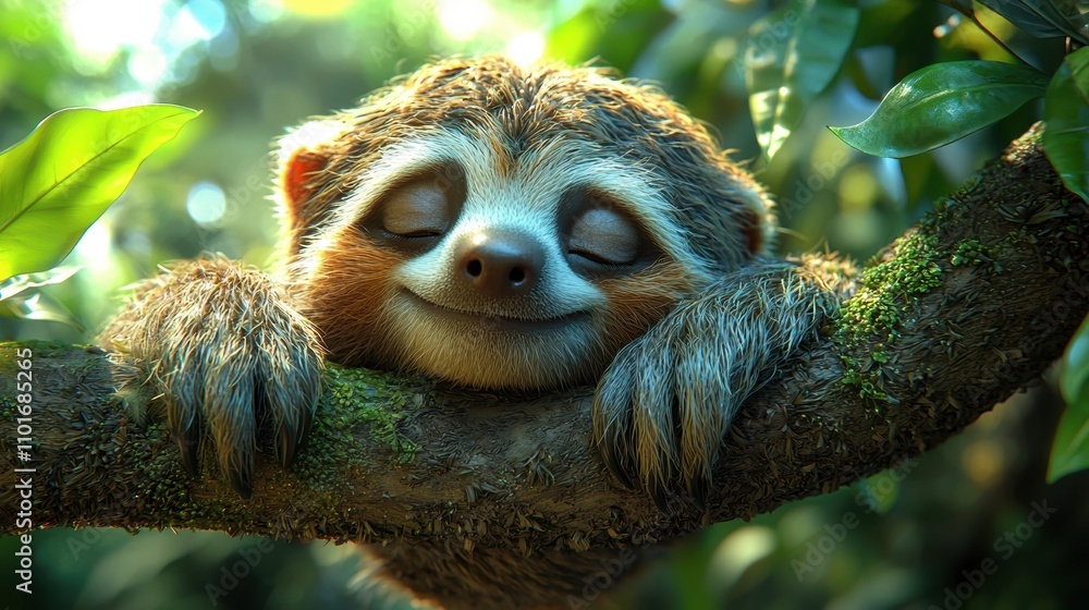 Fototapeta premium Sleepy Sloth in the Rainforest: A close-up of a adorable sloth hanging peacefully from a branch, eyes closed, with a serene expression. The lush rainforest foliage creates a tranquil backdrop.