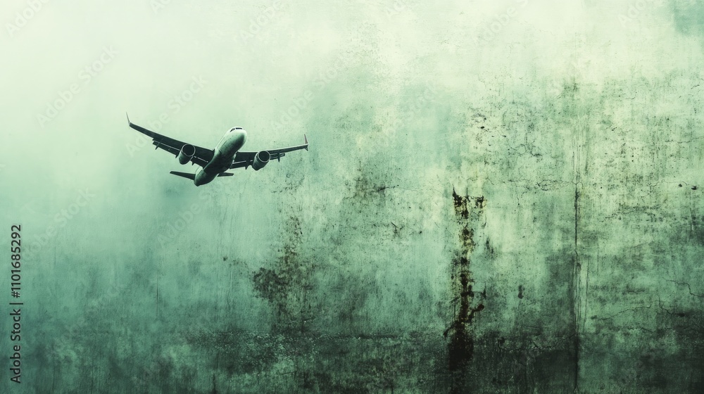 Fototapeta premium An airplane flies against a textured, cloudy backdrop, evoking a sense of travel and adventure.