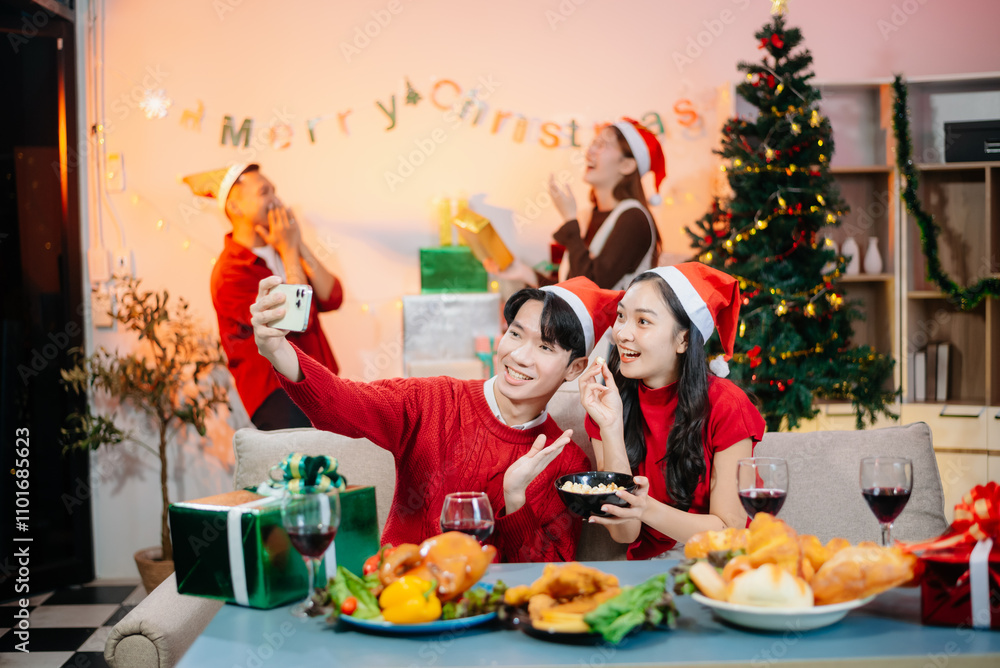 Enjoy the holiday spirit with a joyful Christmas celebration featuring friends, festive food, Santa hats, Enjoy the holiday spirit with a joyful Christmas celebration featuring friends, festive food, Santa hats,