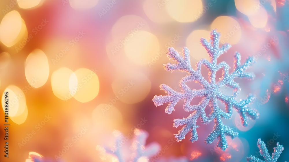 Glittering Snowflake Against Warm Festive Lights Background Glittering Snowflake Against Warm Festive Lights Background
