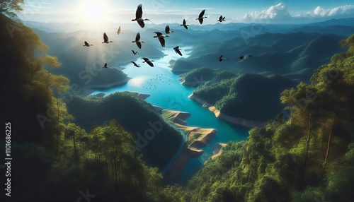 Aerial seascape with clear blue water, tropical islands, and coral reefs