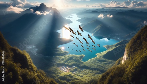 Aerial seascape with clear blue water, tropical islands, and coral reefs