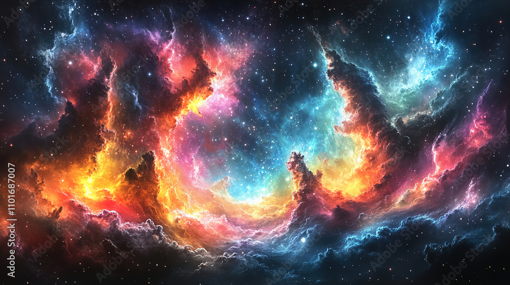 Vibrant cosmic nebula illuminated by colors of blue, orange, and pink in deep space showcasing stellar formations. Generative AI Vibrant cosmic nebula illuminated by colors of blue, orange, and pink in deep space showcasing stellar formations. Generative AI