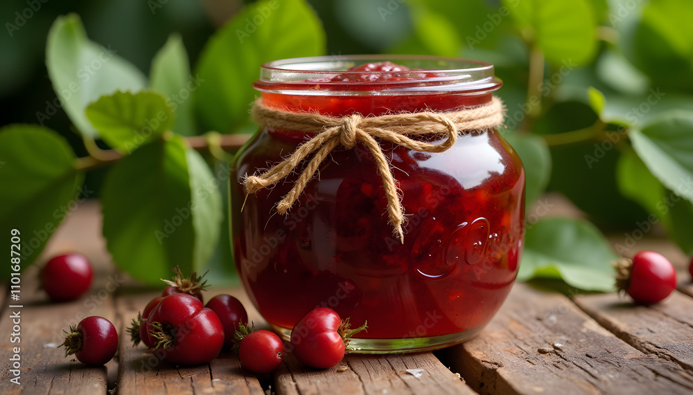 Jars filled with rosehip jam Jars filled with rosehip jam