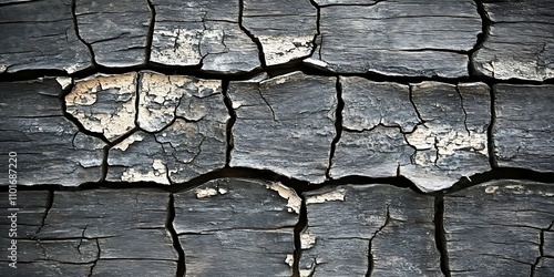 Charred wood texture with deep cracks and crevices, showing a dark gray and black surface.