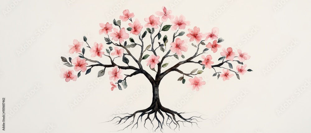 Fototapeta premium Nature's growth artistic tree with blossoms and roots for floral home decor design