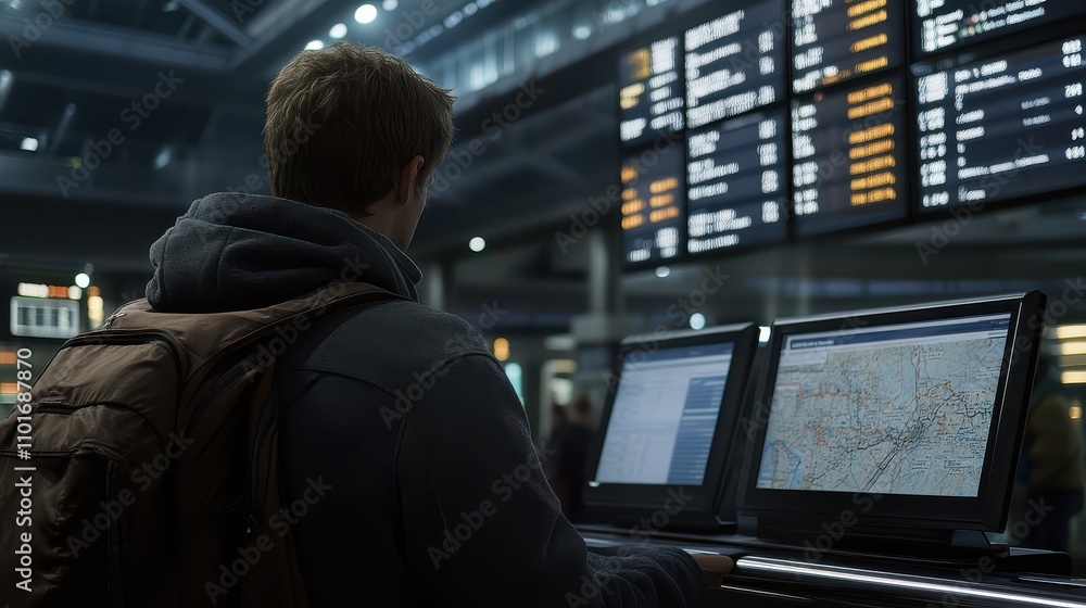 Passenger using digital information screens in a modern airport terminal, checking flight details and navigating travel maps during a busy travel day. Passenger using digital information screens in a modern airport terminal, checking flight details and navigating travel maps during a busy travel day.