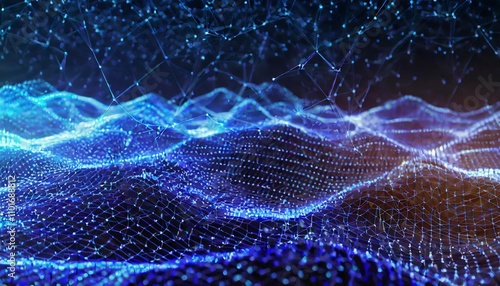 Innovative technology background showcasing a D wave landscape intertwined with connected dots, symbolizing data science, particles, and digital networks for futuristic scientific visuals. photo