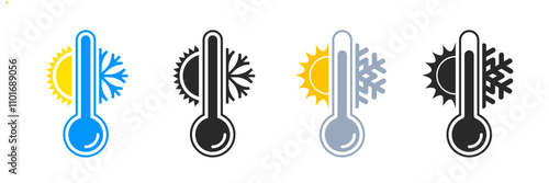 Thermometer icons with sun and snowflake, vector buttons and signs. Thermometers with hot and cold temperature indicator for weather or freezer and frozen product package