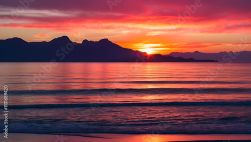 Stunning sunset over the mountains reflecting on calm waters at the beach, AI Generation