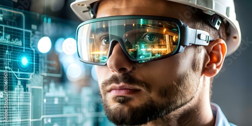 Close Up Engineer Face Augmented Reality Glasses Displaying Industrial Data Technology Integration Innovation