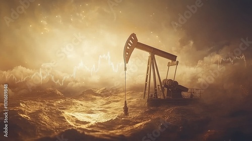 Oil pump jack against a golden horizon, stock market growth line overlaid, tying energy extraction to market performance.