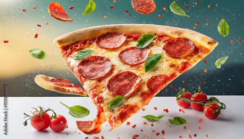 Mouthwatering slice of pepperoni pizza flying mid-air against a white background, showcasing a classic mix of gooey cheese, crispy crust, and bold toppings, perfect for food marketing photo