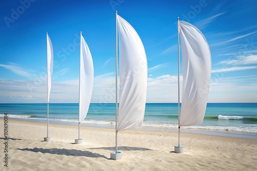 Realistic Beach Banner Mockups - White Feather & Tear-Drop Flags