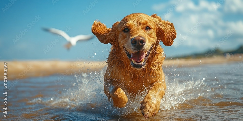 Golden Retriever running happily in the shallow ocean water on a sunny day. Golden Retriever running happily in the shallow ocean water on a sunny day.